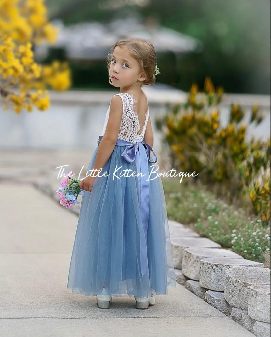 Wedding - Ivory flower girl dress, tulle flower Girl dress, boho flower girl dress, Rustic lace flower girl dress, blue flower girl, toddler dress