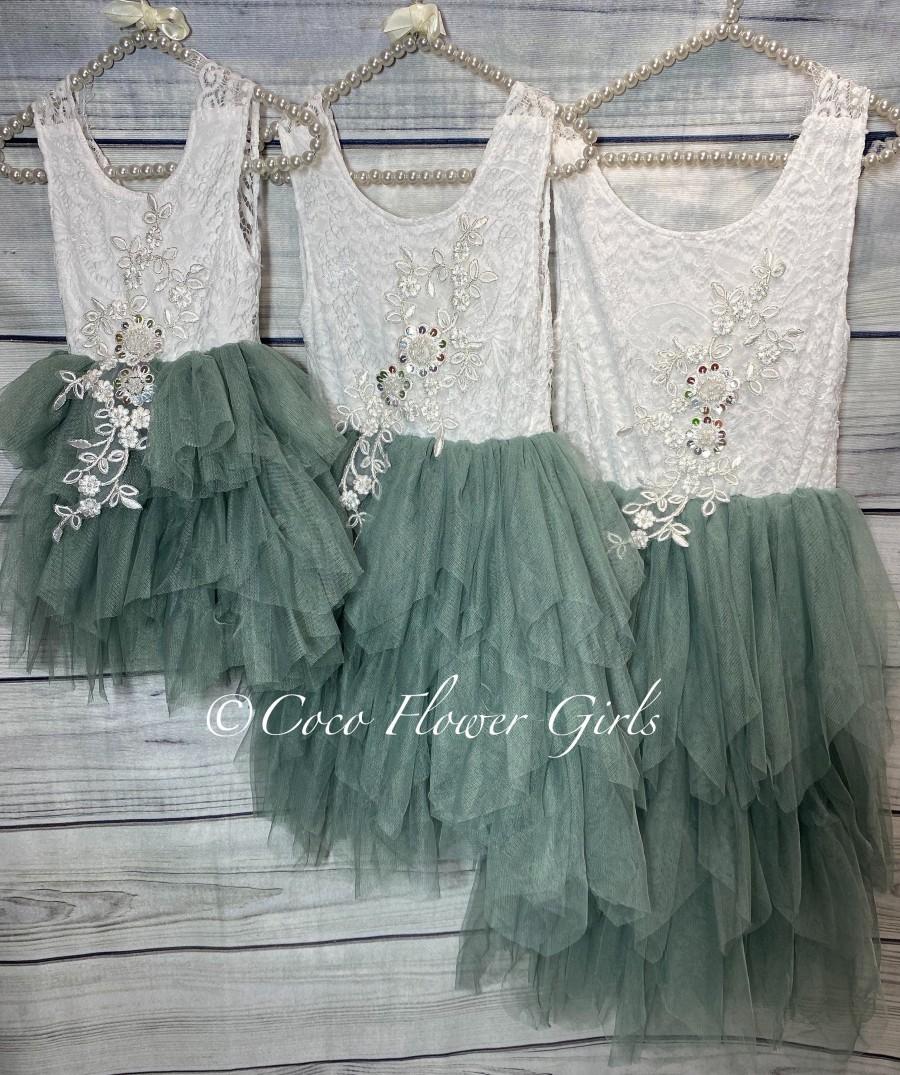 Mariage - Pretty Sage Green Boho Dress Princess Tutu Flower Girl Dress Bridal Vintage Ruffles with Applique