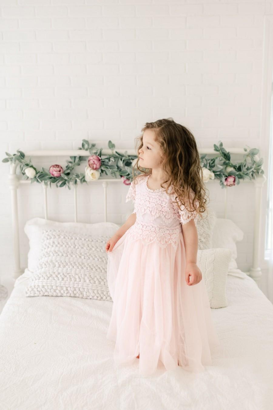 Hochzeit - Bohemian Blush Flower Girl Dress, Boho Tulle Wedding Dress, Baby Pink Lace Summer Dress