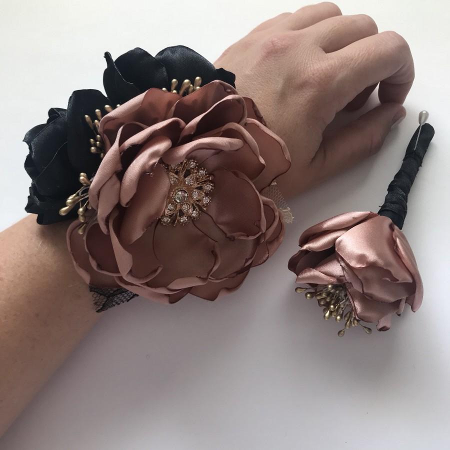 Hochzeit - Rose Gold and Black - Wrist Corsage or Boutonnière - Fabric Flowers, Flower Alternative, Handmade Flowers, Satin Flowers, Pink Gold, Black