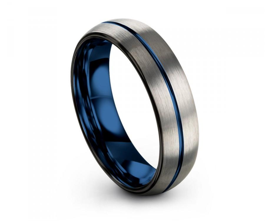 Wedding - Mens Wedding Band Thin Blue Line, Tungsten Ring Brushed Gray 6mm, Wedding Ring, Engagement Ring, Promise Ring, Rings for Men, Rings Women