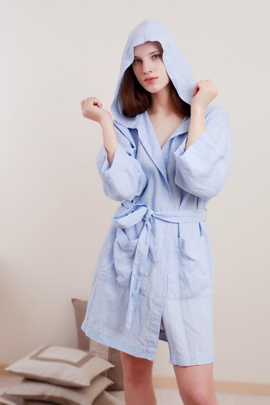 Hochzeit - Linen Bath Robe Hooded Short MILDA /  Oversize  Longsleeve Gown/  Belted Night Gown/ Organic Spa Robe/ Linen Gift For Her