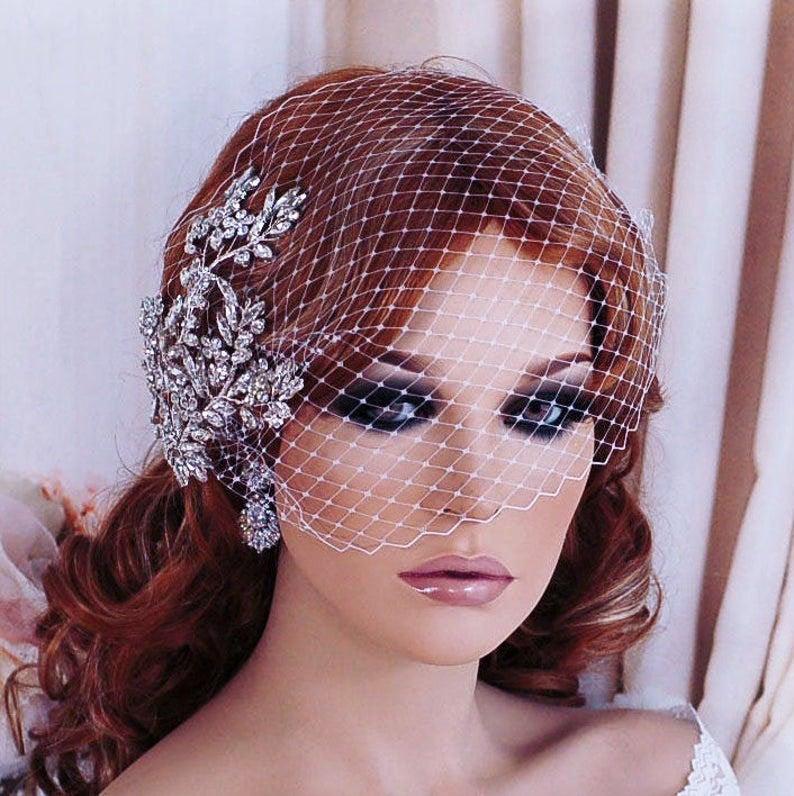 زفاف - Wedding Headpiece, Bird Cage Veil, Bridal Birdcage Veil, Hair Comb, Crystal Hairpiece, Accessory Jewelry, Short Veil, Floral 1 Tier Blusher
