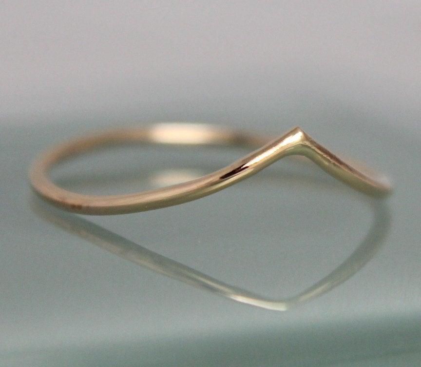 Wedding - V Ring 14k SOLID Yellow Gold Skinny 1mm Stacking Band Ring Chevron Contoured Wave Shiny Finish Eco-friendly Recycled Gold