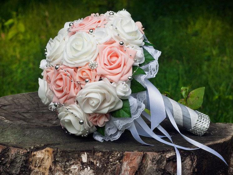 Hochzeit - Bridal Artificial Wedding Bouquets Pink White Roses Bouquet