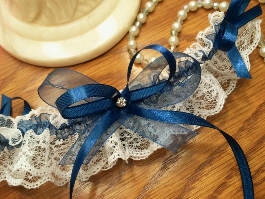 Wedding - Wedding garter white lace and Navy Blue organza