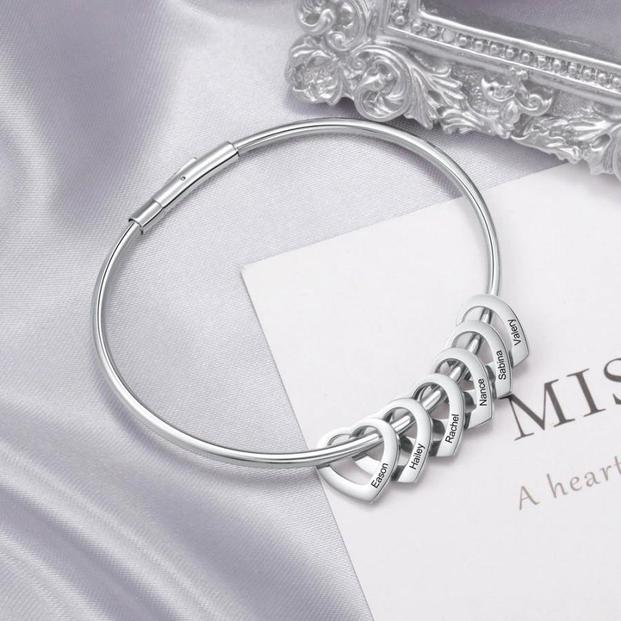 Wedding - Personalized Bangle Bracelet with Hearts Customized Engraved 1-12 Names, Stainless Steel Personalized Bracelet, Mother's Day Gift For Mom