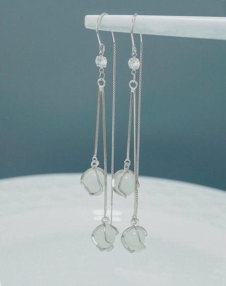 Wedding - Silver Threader Earrings Opal Ear Threader Earrings Long Threader Earrings Delicate Jewelry Dainty Earrings For Her Mothers Day Gift
