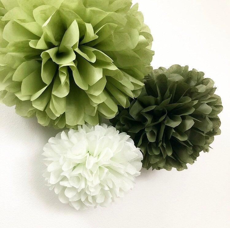 Mariage - GARDEN SAGE tissue paper flower pompoms light green celadon olive moss army decorations baby boy shower first birthday photo party prop