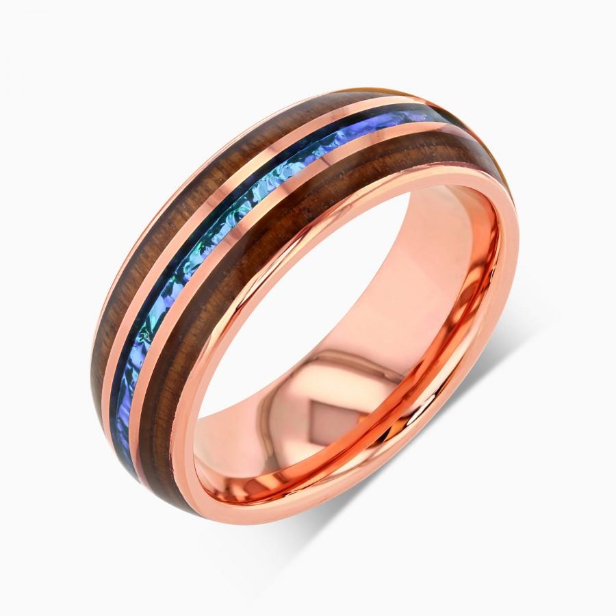Hochzeit - Tungsten Ring, Tungsten Wedding Band Men, Mens Wedding Band, Rose Gold Wedding Band, Opal Ring, Wood Ring, Blue Opal Ring, Rose Gold Ring