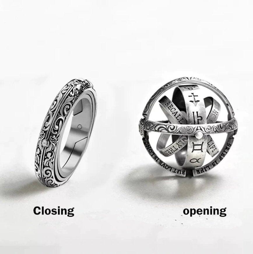 Wedding - 925 Sterling Silver Opening Mechanism Ball Ring Gift/ Renaissance Vintage Astronomical Rotating Complex Friendship Celestial Da Vinci Unique