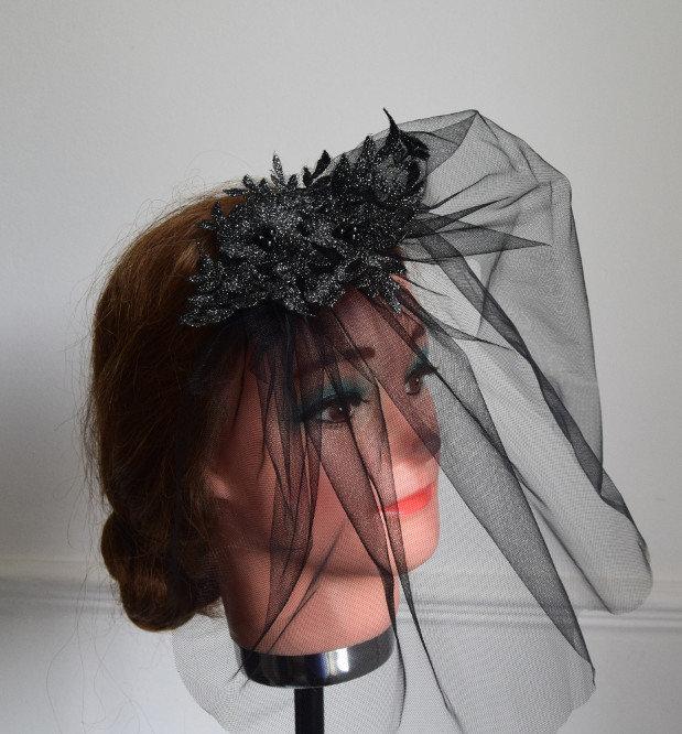 زفاف - Black blusher veil with lace headpiece wedding funeral occasion wear formal