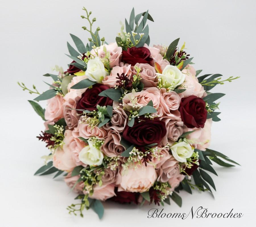 Mariage - Dusty Rose, Wine and Blush Bridal Bouquet, Artificial Wedding Flowers, Bridesmaid Bouquets, Corsage, Garden Bouquet, wedding flowers