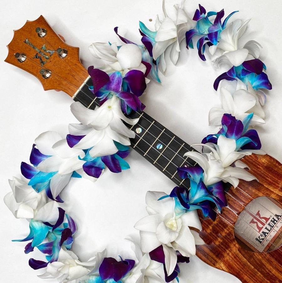 زفاف - Graduation Hawaiian Lei - White & Dyed Orchid Single Lei