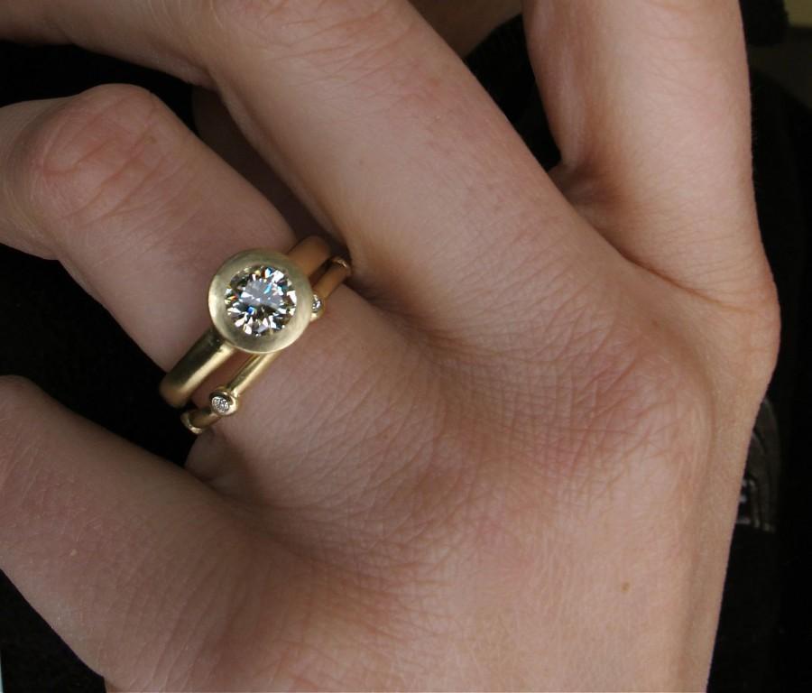 Wedding - 18kt yellow gold Illumination Ring bezel set diamond engagement solitaire with Scattered 6 Stone eternity ring wedding band