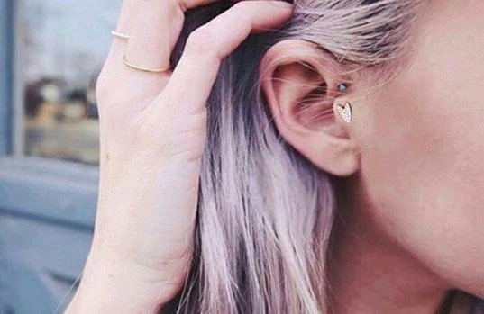 Hochzeit - CZ Pave Heart Tragus Earring, gold fashion earring, simple cartilage earring, heart stud earring, heart earring, silver earring, helix studs
