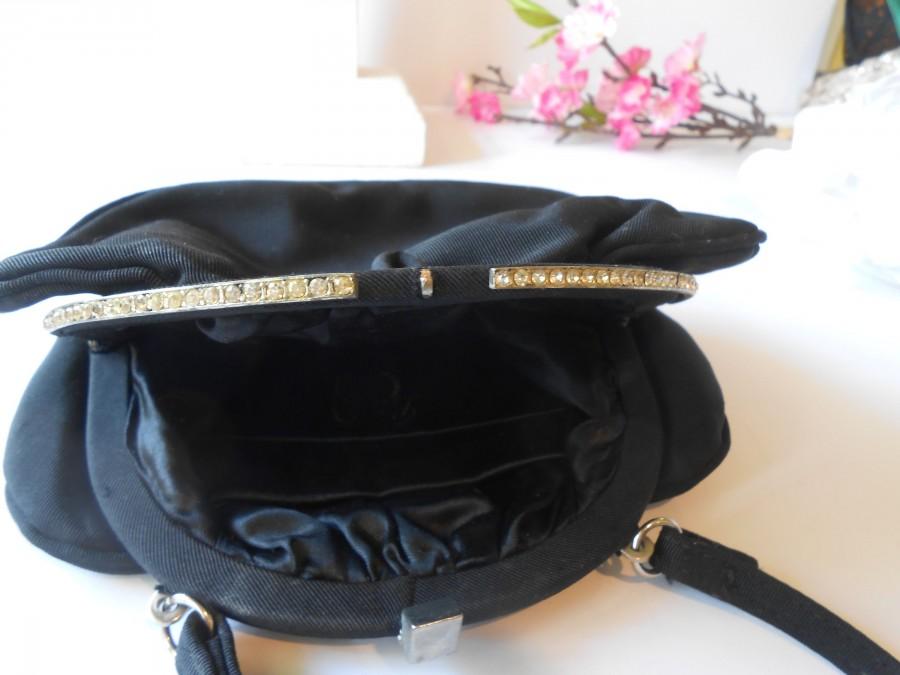زفاف - 1950's Black Evening Bag with Rhinestone Trim, Black Faille Handbag, Date Night Purse EB-0223