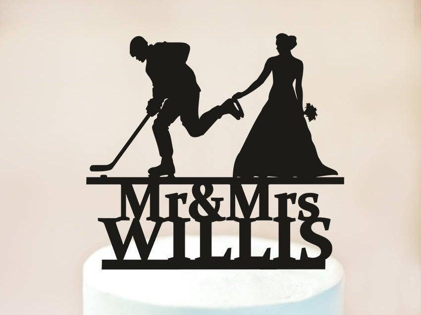 Mariage - Hockey Wedding Cake Topper,Hockey Themed Ball Cake Topper,Bride Dragging Groom Cake Topper,hockey stick cake topper,Mr and Mrs Topper (1127)