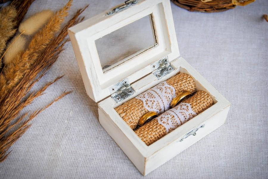 Mariage - Personalized Rustic Wedding Ring Box Glass Top Romantic White Ring Bearer Vintage Ring Pillow His Hers Engraved Bohemian Boho Beach Wedding