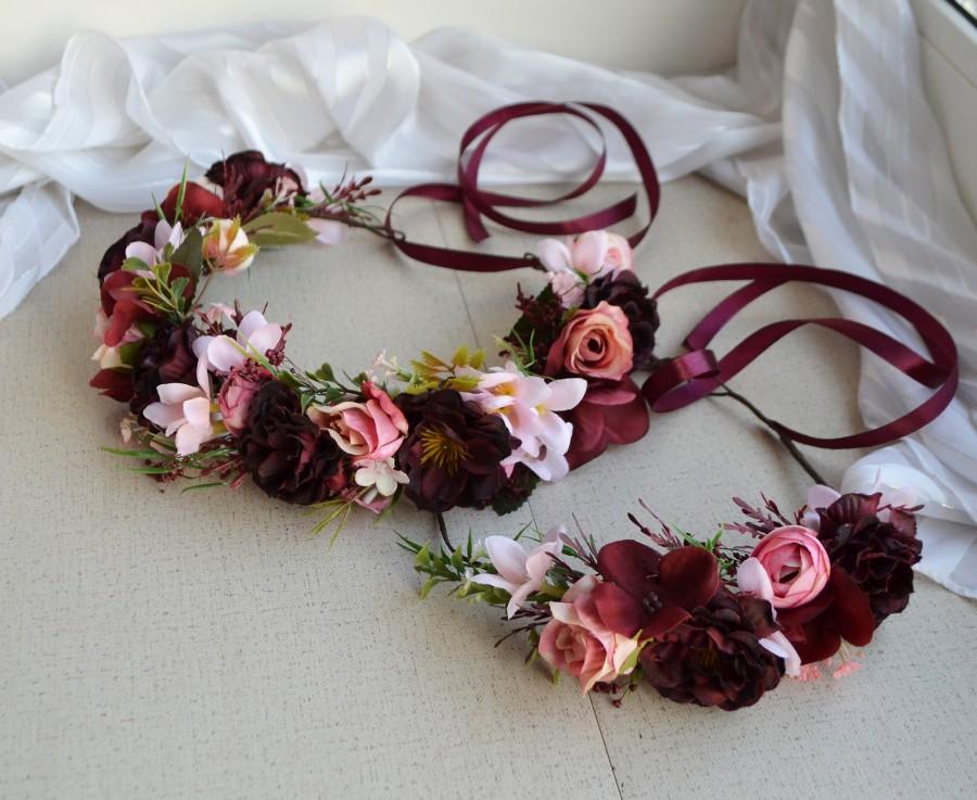 Mariage - Burgundy Blush pink flower crown Small Boho Headpiece Burgundy flower girl crown Wedding Woodland headband
