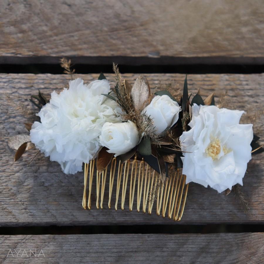 Wedding - Hair comb "Claire", preserved flowers for wedding, hairstyle accessory for shooting photo, white & gold flower hair accessory, flower hair