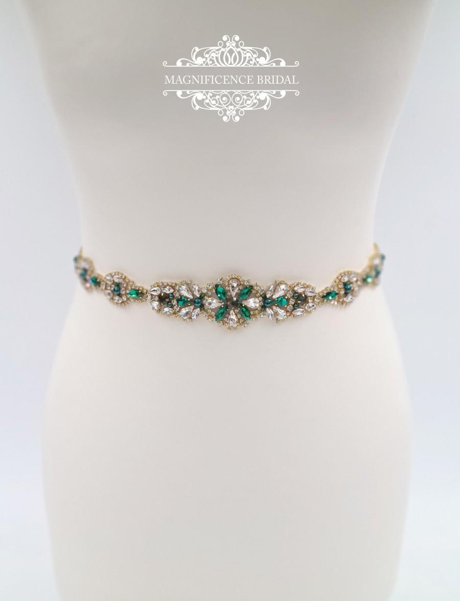 Hochzeit - Emerald green belt, Green bridal belt, gold bridal belt, green sash belt, bridal belt, wedding belt, green sash, gold and green, ELISA
