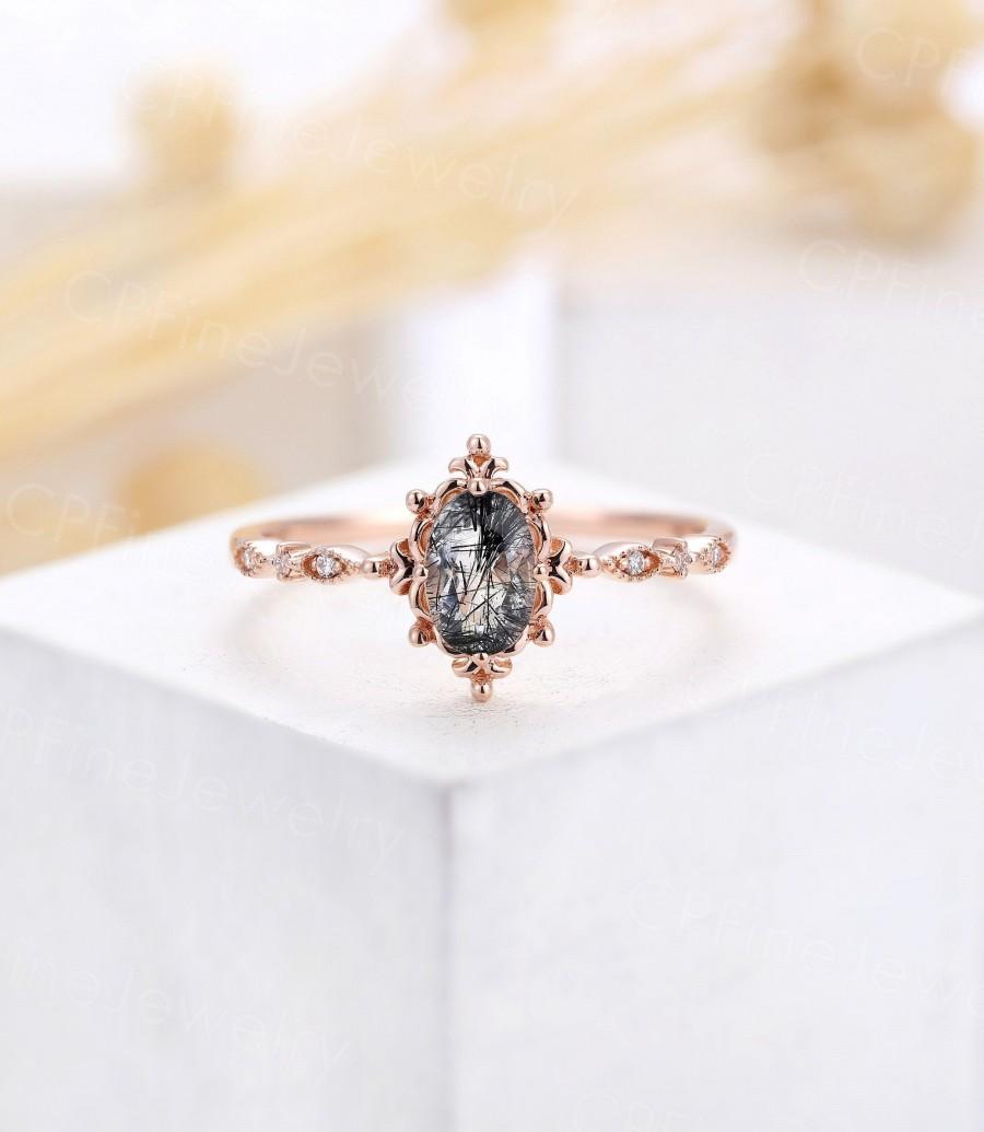 Mariage - Vintage black rutilated quartz engagement ring oval rose gold ring ,art deco diamond wedding ring unique oval ring, prong set ring, bridal