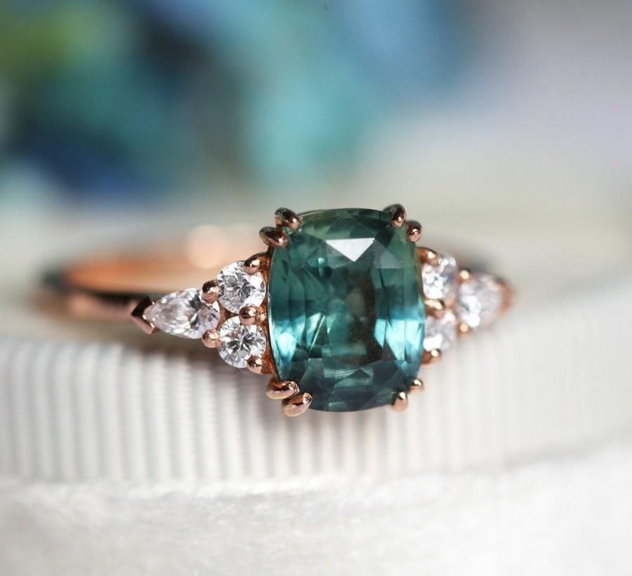 Wedding - Teal Green Blue Sapphire & Diamond Ring, Cushion Cut Engagement Ring, 14k or 18k Solid Gold