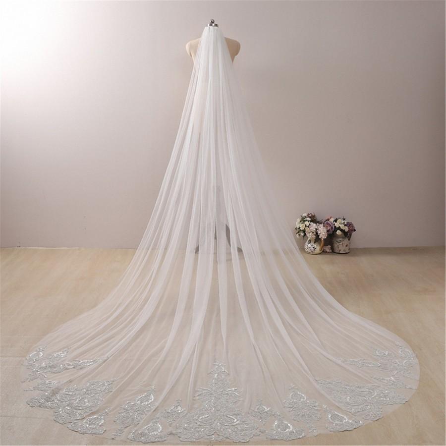 Mariage - Glitter Lace Cathedral Wedding Veil Sequins Wedding Veil Sparkly Beaded Veil Handmade Vintage Veil Floral Lace Veil Long Bridal Lace Veil