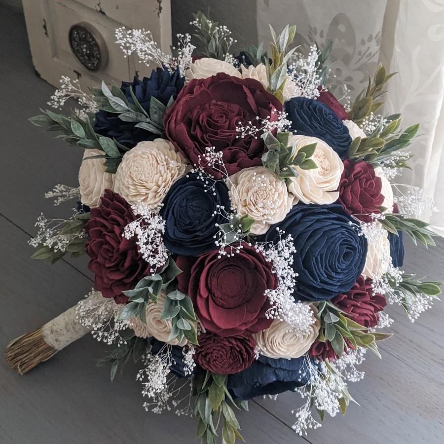 Hochzeit - Navy, Burgundy, and Ivory Sola Wood Flower Bouquet with Baby's Breath and Greenery - Bridal Bridesmaid Toss