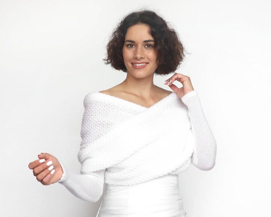 Hochzeit - White Bridal Sweater, Convertible Wedding Jacket, Convertible Wedding Scarf, White Cover Up, Wedding Jacket, Ivory Knitted Scarf with Arms