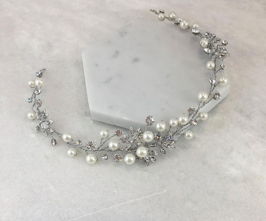 Wedding - Crystal Leaf, Ivory Pearl and Diamante Hair Vine in Vintage Silver 