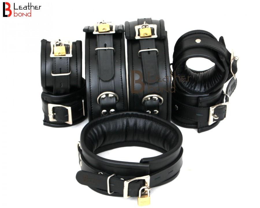 Wedding - Real Cow Leather Wrist, Ankle Thigh Cuffs Collar Restraint Bondage Set Black  Piece Padded Cuffs with Hogtie