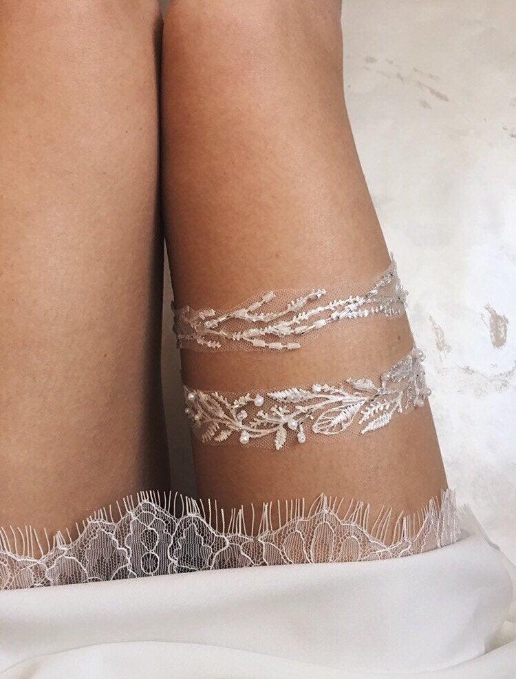 Mariage - Lace garter for bridal morning / Ivory wedding garters