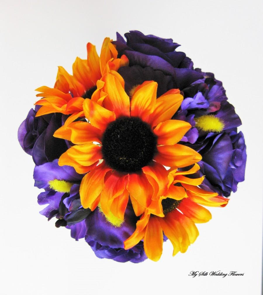 زفاف - Purple roses and sunflowers wedding bouquet, Orange gold sunflowers wedding bouquet, Sunflower mini wedding bouquet,