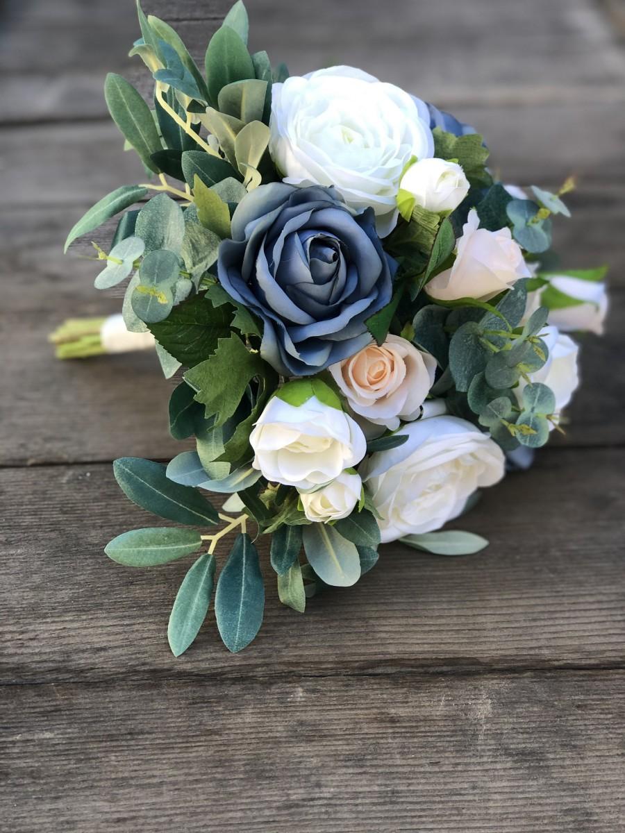 زفاف - Wedding Bouquet Dusty Blue & Ivory Bridal Bouquet Mixed with Eucalyptus (medium)