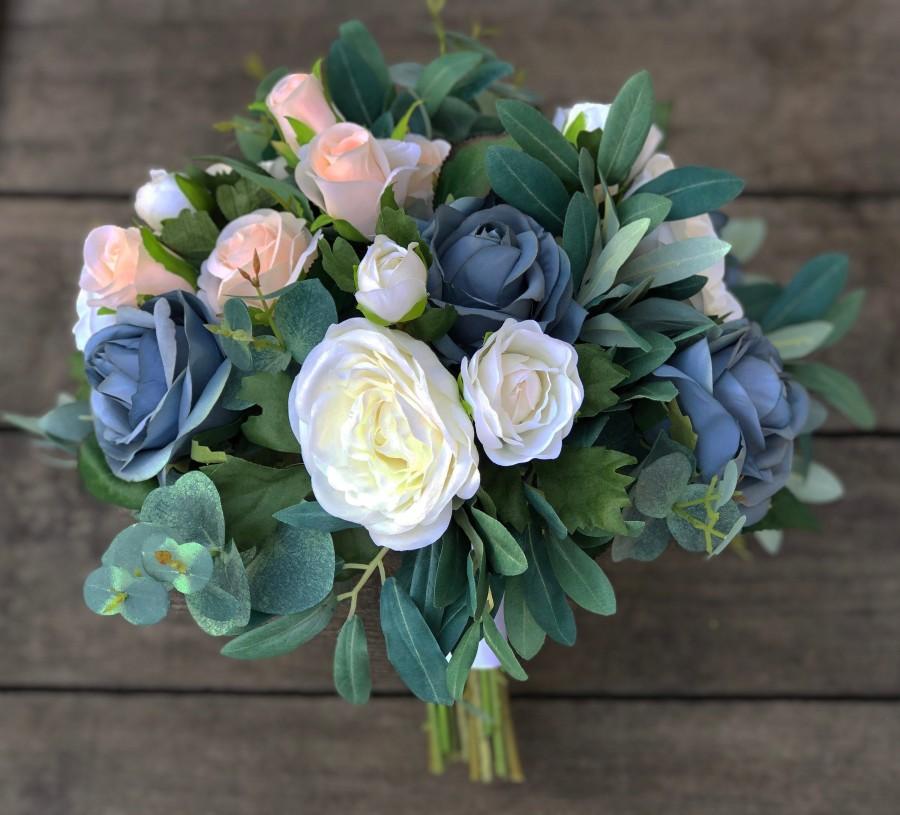 زفاف - Wedding Bouquet Dusty Blue & Ivory Bridal Bouquet Mixed with Eucalyptus (large)