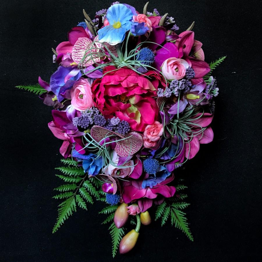 Hochzeit - Jewel Toned Cascading Bridal Bouquet with Orchids, Peonies, Roses, and Ferns