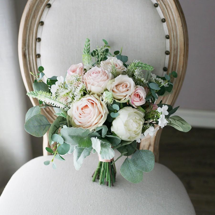 زفاف - Peach,Blush and Ivory Wedding Bouquet, Classic Bridal Bouquet, Rustic Boho Flower Bouquet,  Design in Rose, Peony and Eucalyptus