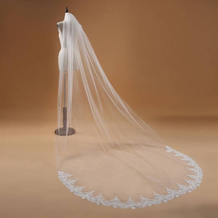 زفاف - Ivory Off-white One Layer 3 Metre Cathedral Bridal Veil With Pretty Lace Trim Edging