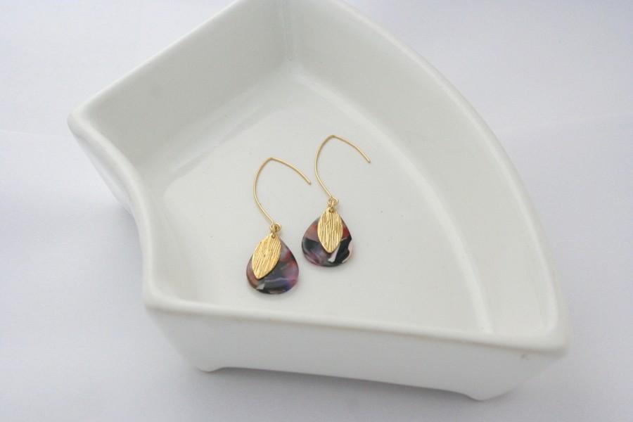 Свадьба - EARRING boho for women, gold plated long earring hook, ivory white drop acetate charm with brass leaf. - BO92- 