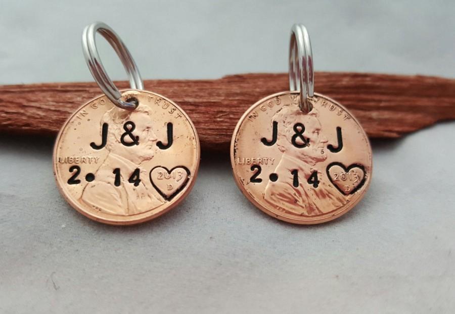Wedding - his and hers CUSTOM PERSONALIZED PENNY pendant personalized  date handstamped anniversary gift lucky penny gift for husband wife boyfriend