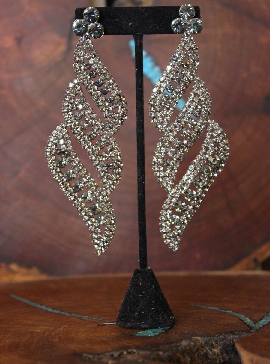 Свадьба - extra large silver earrings, silver rhinestone earrings, gray crystal earrings, silver pageant earrings, gunmetal crystal oversized earrings