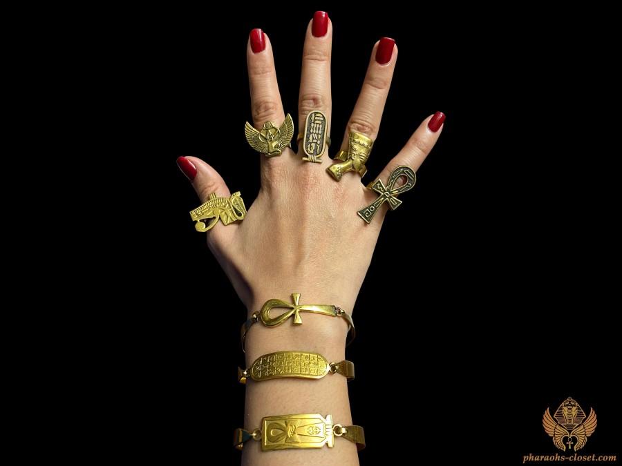 Wedding - Cleopatras Hand Jewelry Set - 5 Egyptian Rings and 3 Bracelets of Wadjet Horus Eye Ankh Isis Nut Nefertiti Cartouche - Handmade in Egypt