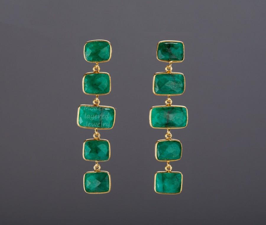 Wedding - Five tier emerald earring,Long dangle emerald earring,square emerald string,nature gemstone,May birthday,mother gift,anniversary gift