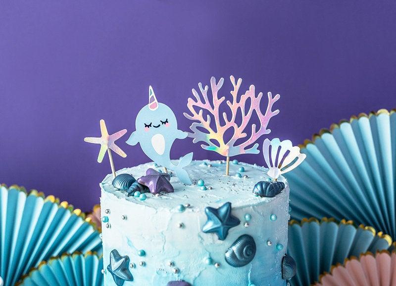 Mariage - 4 Narwhal Party Cake Toppers, Mermaid Party Cake Decorations, Under the Sea Party Decor, Narwhal Decorations, Children's Party