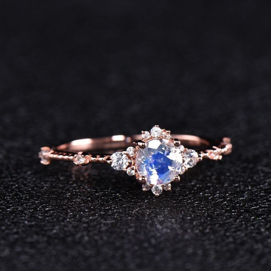 Hochzeit - Dainty Rose Gold Moonstone Engagement Ring CZ Diamond Minimalist Women Wedding Ring Sterling Silver 14k Bridal Promise Anniversary Gift