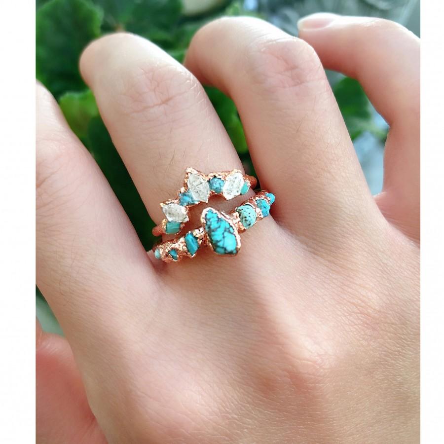زفاف - Raw Turquoise Ring, Raw Diamond Wedding Ring Band, Engagement Rings, Herkimer Diamond Ring, Rough Diamond Ring, Alternative Engagement Ring
