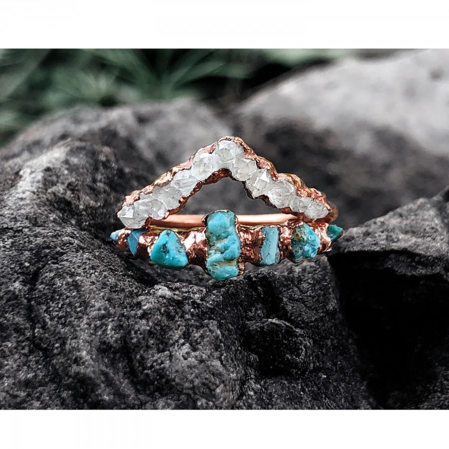 زفاف - Raw Turquoise Ring, Raw Diamond Ring, Raw Stone Ring For Woman, Herkimer Diamond Ring, Rough Diamond Ring, Alternative Engagement Ring Set