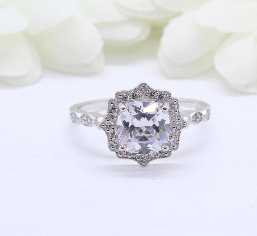 زفاف - Art Deco Halo Cushion Cut 2.04 Carat Wedding Engagement Ring Round Diamond CZ Accent Solid 925 Sterling Silver Bridal Jewelry, Wedding Ring